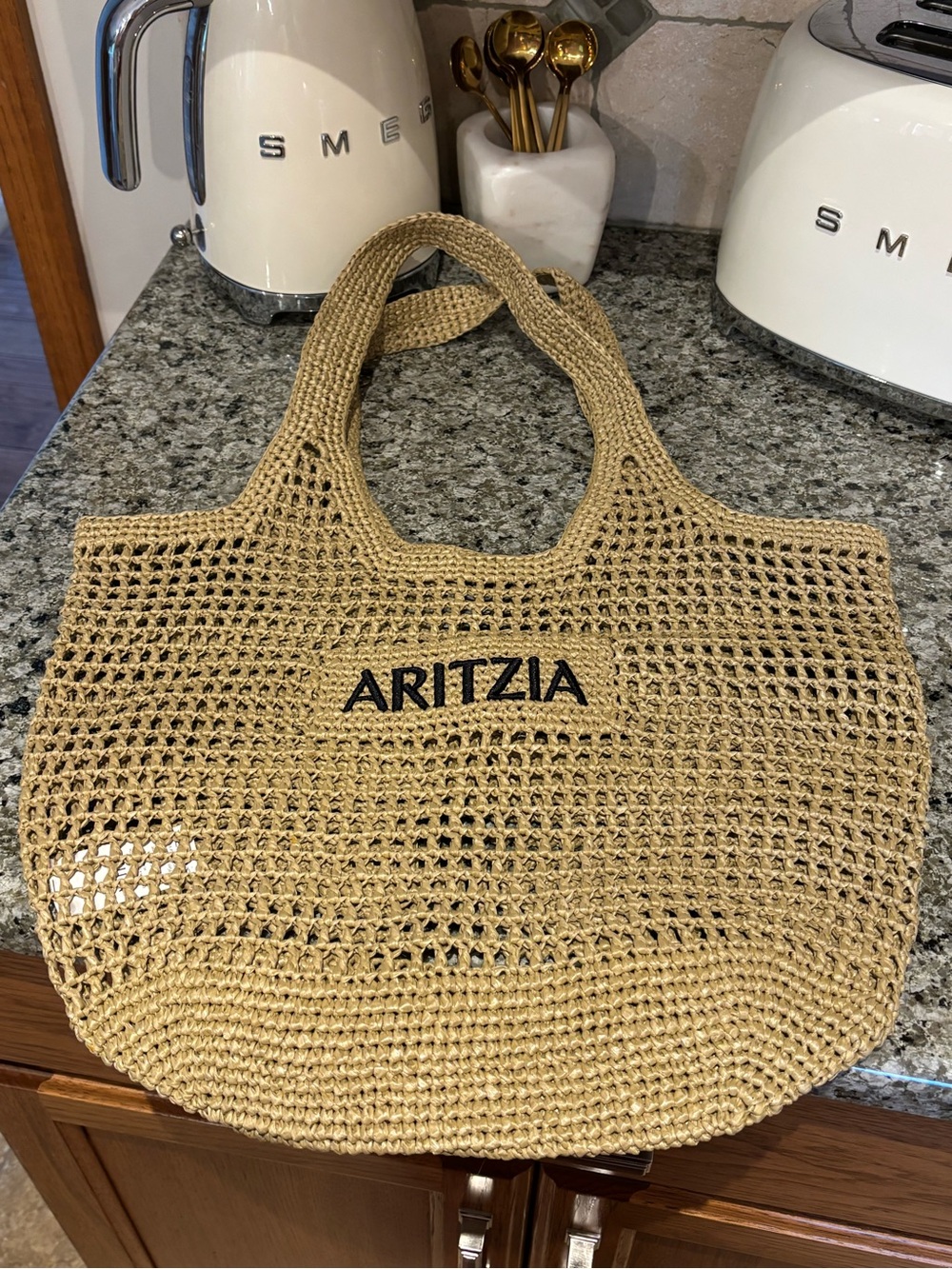 Aritzia Natural Woven Straw Tote with Black Logo
